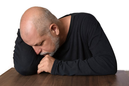 portrait of a man with a beard, bald facial expression, isolated on transparent white backgroundの写真素材