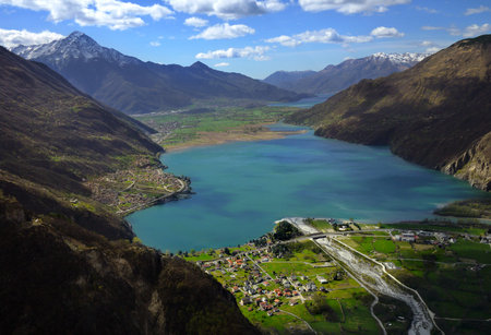 mezzola lake in Valchiavenna, Lombardyの写真素材