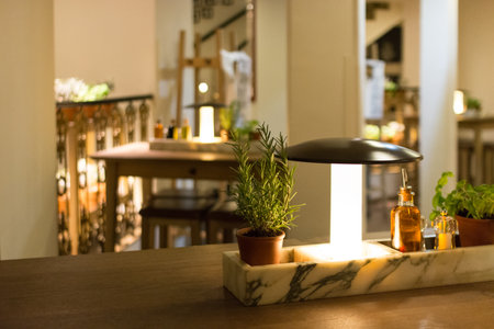 Restaurant table in Vienna wirh nice lights in the backroundの写真素材