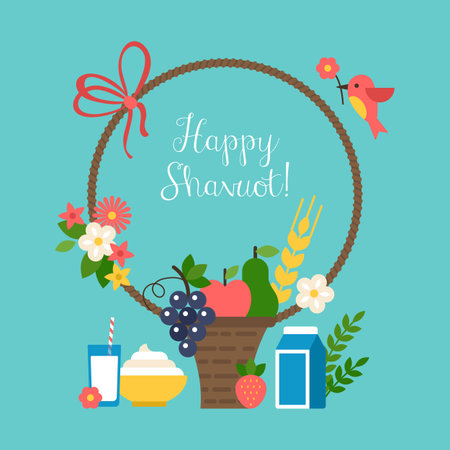 Happy Shavuot holiday greeting card design with basket, fruits and milkのイラスト素材