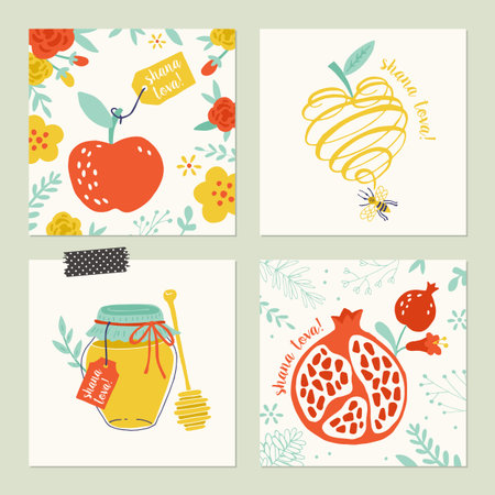 Rosh Hashana (jewish new year) greeting card set design with hand drawing apple, honey and pomegranateのイラスト素材