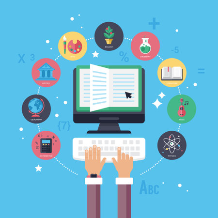 Back to school concept with computer and lessons flat icons. Online tutorials concept.のイラスト素材