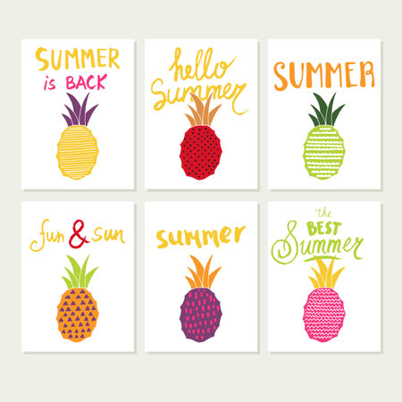 Modern summer cards set. Hand drawing pineapple and lettering for web and graphic designのイラスト素材