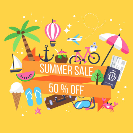 Summer sale banner design with icons for holiday vacation and tourismのイラスト素材