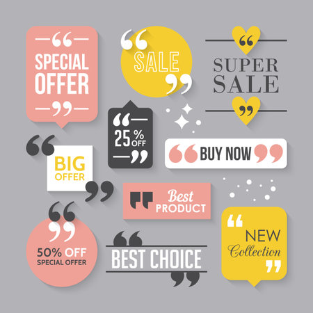 Modern block quote and pull quote sale sign design elements. Creative quote sale text template. Sale banner design with quotes.のイラスト素材