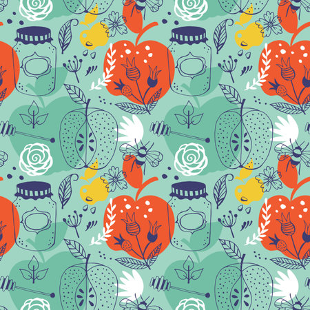 Jewish holiday Rosh Hashana seamless pattern design with apples and honey jar.のイラスト素材