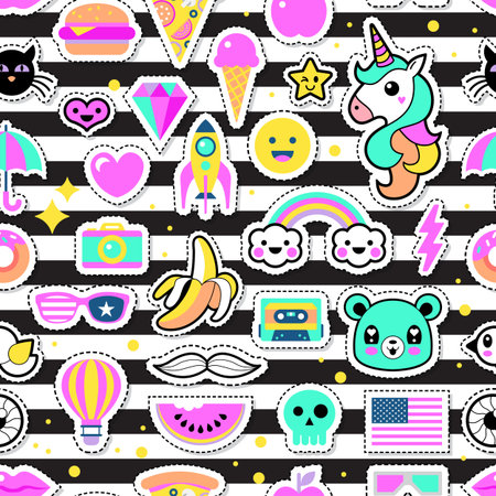 Fashion chic patches, pins, badges and stickers seamless pattern designのイラスト素材