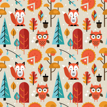Autumn seamless pattern with animals and trees for graphic and web designのイラスト素材