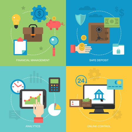 Flat icons design for online banking, financial management, safe deposit, analytics and online controlのイラスト素材