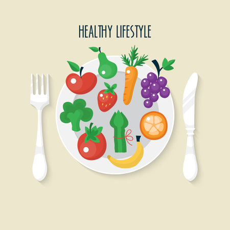 Vegetables and fruits flat icons on plate. Healthy lifestyle concept.のイラスト素材
