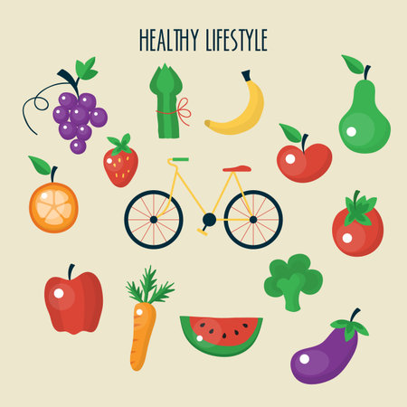 Vegetable and fruit flat icons for healthy lifestyle conceptのイラスト素材