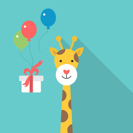 Flat icon design of giraffe with balloons and gift box. Elements for design of birthday card, party invitation or baby showerのイラスト素材