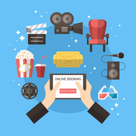 Movie theater online booking concept. Cinema and movie flat modern iconsのイラスト素材