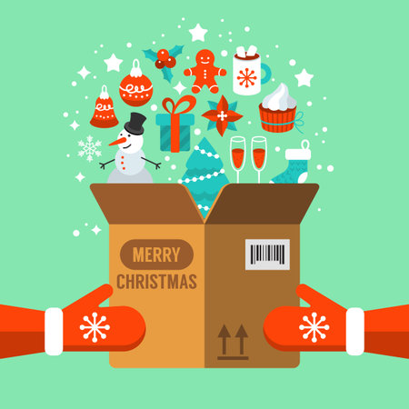 Christmas greeting card design with cardboard box and flat iconsのイラスト素材