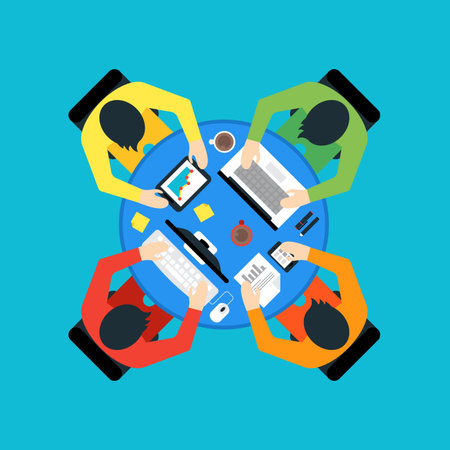 Teamwork and brainstorming concept with businessmen seating around table and workingのイラスト素材