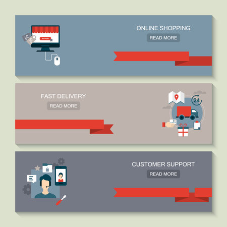Website header design for online shoping, fast delivery, customer support and e-commerce concept with flat iconsのイラスト素材