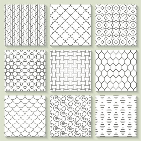 Thin line geometrical seamless pattern. Vector abstract background setのイラスト素材