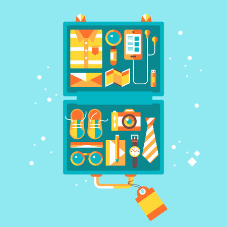 Business travel concept. Suitcase with travel and tourism objects. Modern stylish vector illustrationのイラスト素材
