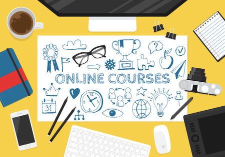 Online courses concept with hand drawing icons and flat stylish objects on desk.のイラスト素材