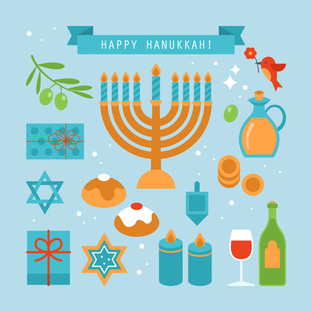 Hanukkah holiday flat stylish icons set. Vector illustrationのイラスト素材