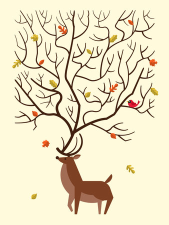 Autumn card design with reindeer and fall leaves. Vector illustrationのイラスト素材