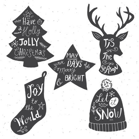 Christmas holiday hand drawn silhouettes with hand lettring. Vector illustrationのイラスト素材