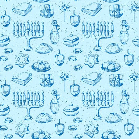 Hanukkah holiday seamless pattern design. Hand drawing vectorのイラスト素材