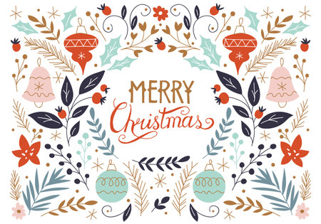 Merry Christmas hand drawing greeting card with floral elements. Isolated vector illustrationのイラスト素材