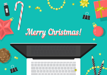 Christmas website header design with laptop and decorations. Vector illustrationのイラスト素材