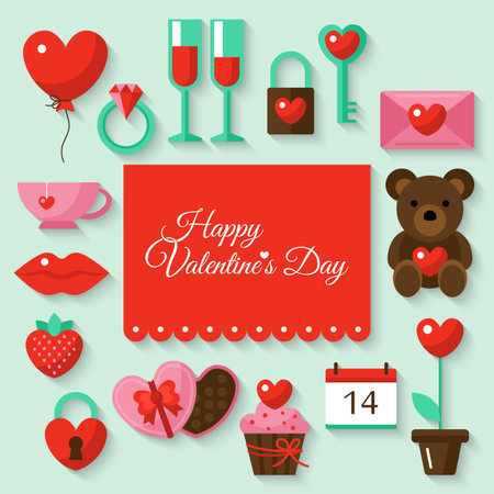 Valentine's day background with flat stylish icons. Vector illustrationのイラスト素材