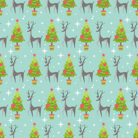 Cute Christmas seamless pattern background with Christmas tree and reindeer. Vector illustrationのイラスト素材