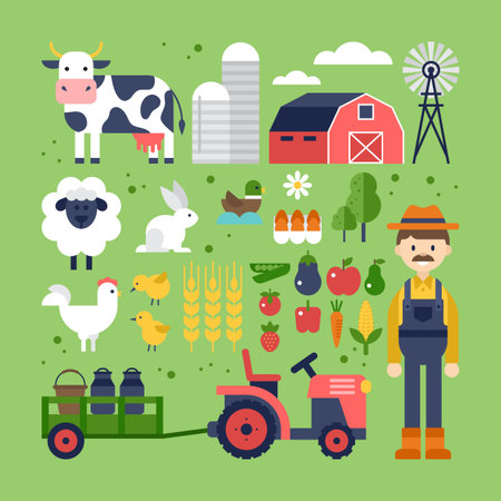 Farm food, products and animals icons. Harvest, agriculture and natural organic farm icons for graphic and web disgnのイラスト素材