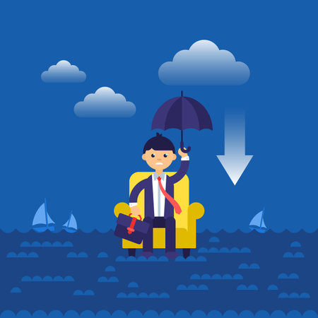 Business concept flat modern design for businessman in armchair lost in sea.  Isolated vector illustrationのイラスト素材