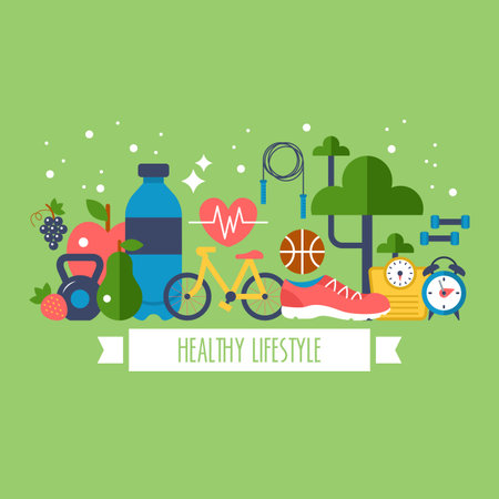 Healthy lifestyle concept with food and sport iconsのイラスト素材