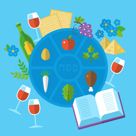 Jewish holiday Passover seder plate with flat stylish icons. Isolated vector illustration