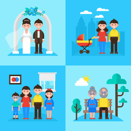 Family planning concept, marriage, young parents, kids and seniors. Vector illustrationのイラスト素材