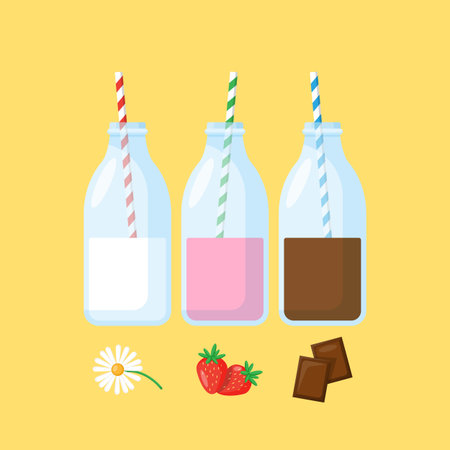 Bottles with milk, stawberry milk and chocolate milk. Flat modern icons of milk for graphic and web design.のイラスト素材