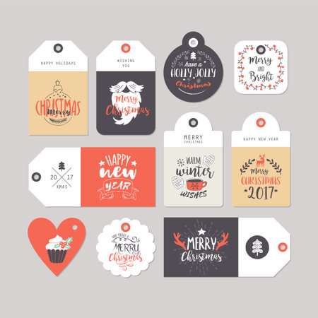 Christmas holiday gift tags set with typography and hand drawing elements. Isolated vector illustrationのイラスト素材