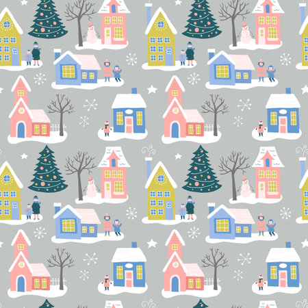 Christmas holiday seamless pattern design with houses and family. Hand drawing vector illustrationのイラスト素材