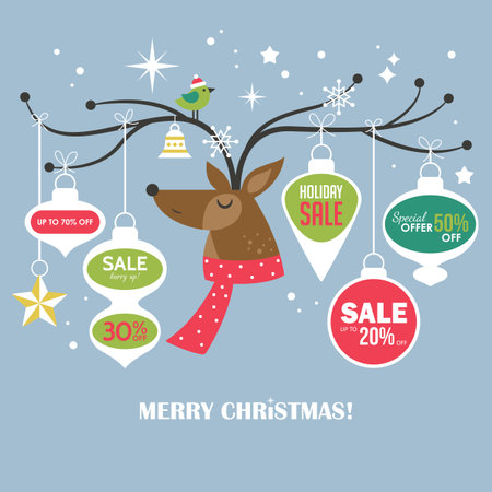 Christmas sale banner design template with cute deer. Vector illustration for social media promotions, newsletter and adsのイラスト素材