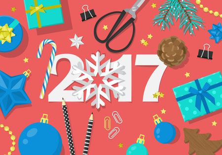 Happy New Year 2017 creative banner design in flat modern style. Paper cut numbers and decorations...