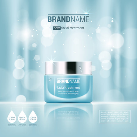 Facial cream glass jar realistic vector illustration isolated on blue bokeh background. Cosmetic ad mock up template for sale poster designのイラスト素材