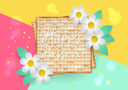 Jewish holiday Passover modern banner design with matzo and paper art flowers. Realistic vector illustrationのイラスト素材