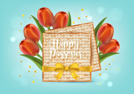 Jewish holiday Passover banner design with matzo and tulip flowers. Realistic vector illustrationのイラスト素材