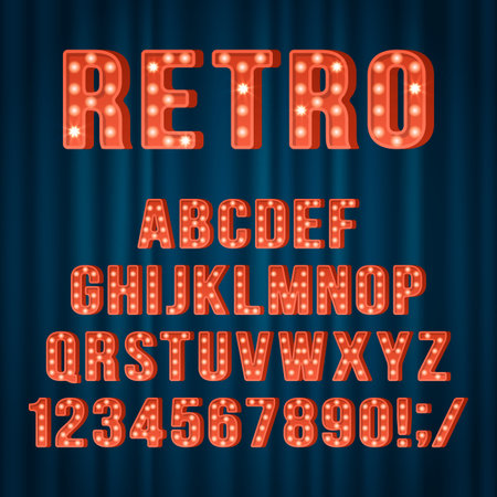 Retro light bulb alphabet letters and numbers for movie cinema or nightclub sign design. Realist vector illustrationのイラスト素材