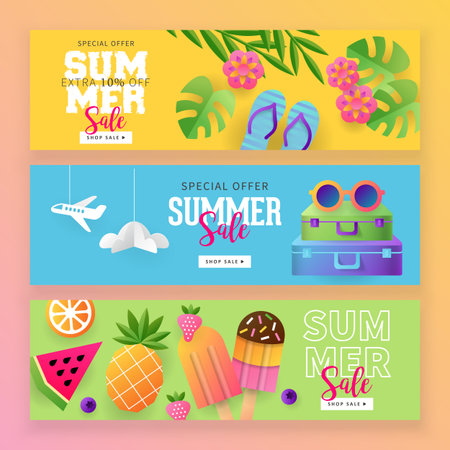 Summer sale banner template set for social media and mobile apps with paper art travel and vacation background. Vector illustrationのイラスト素材