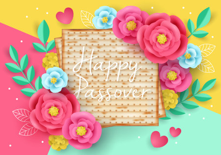 Jewish holiday Passover modern banner design with matzo and paper art flowers. Realistic vector...