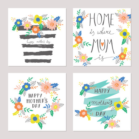Mothers day greeting card set  with hand drawn cute flowers. Isolated vector illustrationのイラスト素材