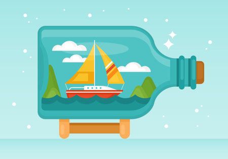Boat in bottle flat style vector illustration. Summer vacation conceptのイラスト素材