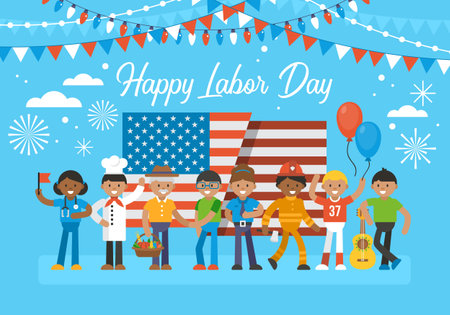 Happy Labor Day banner design with group of diverse workers and american flag.のイラスト素材